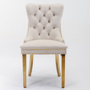 Set of 2 Dining Chairs from Nikki Collection, Beige Velvet Upholstery with Tufted Back, Gold-Chromed Legs and Decorative Rivets
