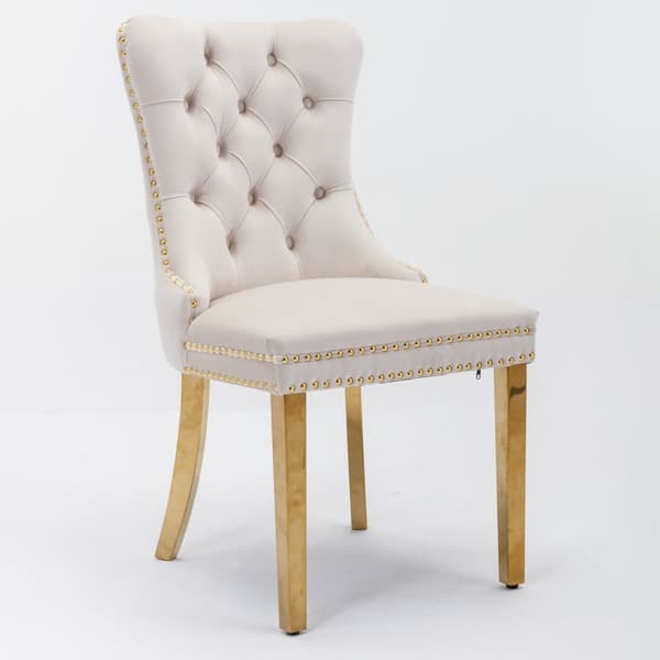 Set of 2 Dining Chairs from Nikki Collection, Beige Velvet Upholstery with Tufted Back, Gold-Chromed Legs and Decorative Rivets