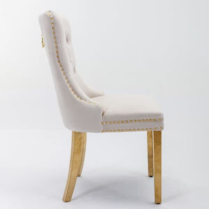 Set of 2 Dining Chairs from Nikki Collection, Beige Velvet Upholstery with Tufted Back, Gold-Chromed Legs and Decorative Rivets