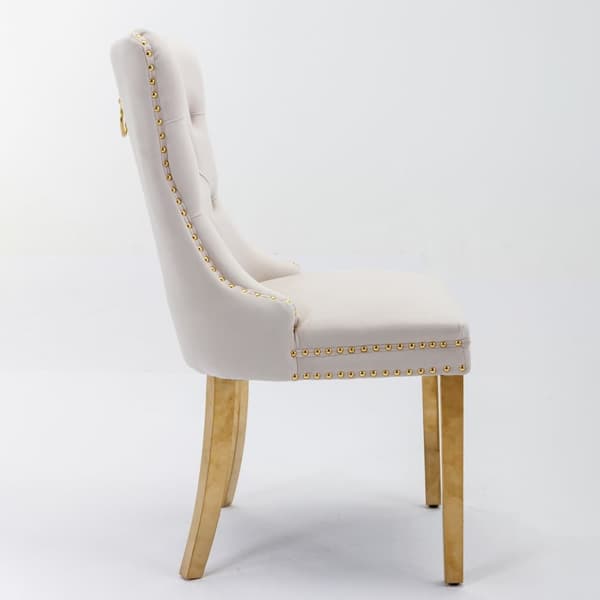 Set of 2 Dining Chairs from Nikki Collection, Beige Velvet Upholstery with Tufted Back, Gold-Chromed Legs and Decorative Rivets