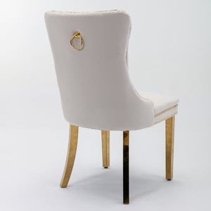 Set of 2 Dining Chairs from Nikki Collection, Beige Velvet Upholstery with Tufted Back, Gold-Chromed Legs and Decorative Rivets