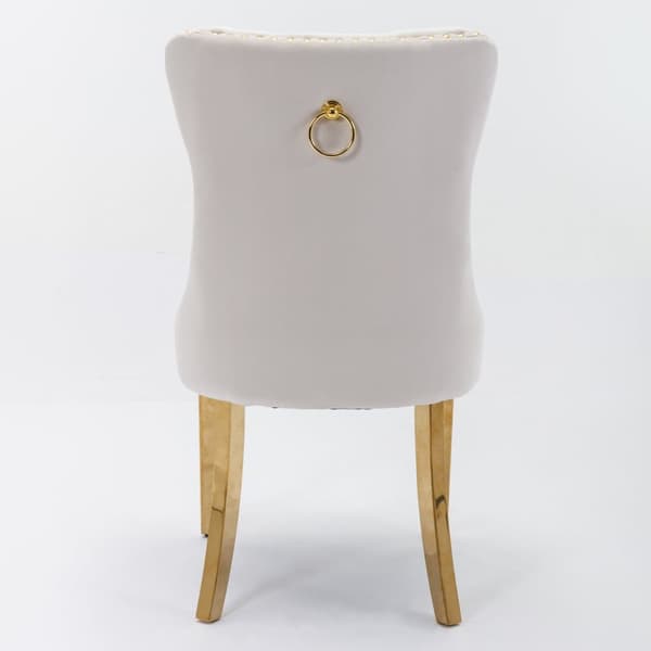 Set of 2 Dining Chairs from Nikki Collection, Beige Velvet Upholstery with Tufted Back, Gold-Chromed Legs and Decorative Rivets