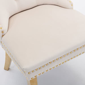 Set of 2 Dining Chairs from Nikki Collection, Beige Velvet Upholstery with Tufted Back, Gold-Chromed Legs and Decorative Rivets
