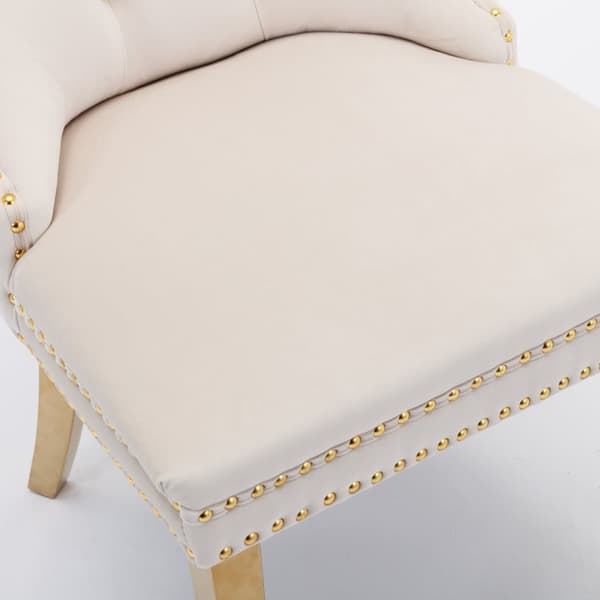 Set of 2 Dining Chairs from Nikki Collection, Beige Velvet Upholstery with Tufted Back, Gold-Chromed Legs and Decorative Rivets