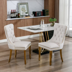 Set of 2 Dining Chairs from Nikki Collection, Beige Velvet Upholstery with Tufted Back, Gold-Chromed Legs and Decorative Rivets