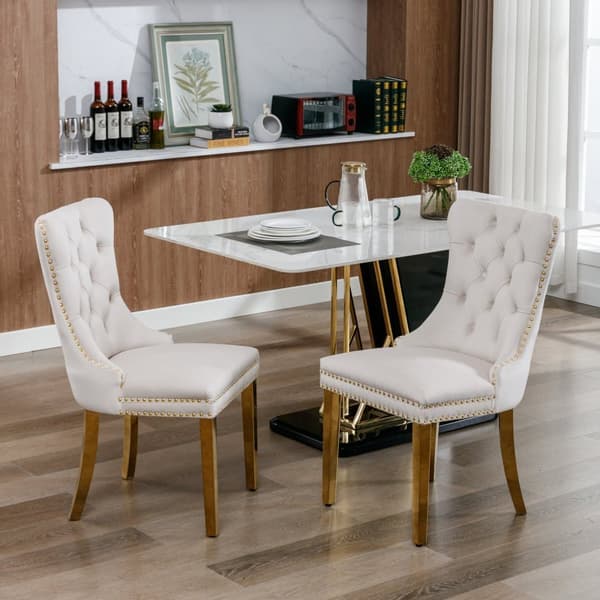 Set of 2 Dining Chairs from Nikki Collection, Beige Velvet Upholstery with Tufted Back, Gold-Chromed Legs and Decorative Rivets