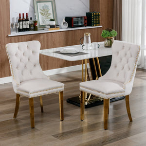Set of 2 Dining Chairs from Nikki Collection, Beige Velvet Upholstery with Tufted Back, Gold-Chromed Legs and Decorative Rivets