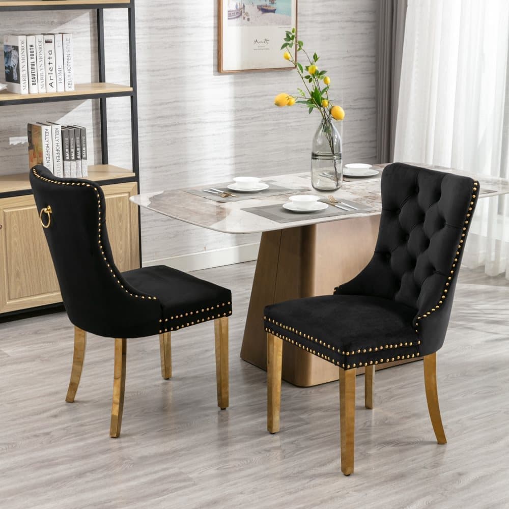 Nikki Collection Dining Chairs, Set of 2, Black Velvet Upholstery with Tufted Back and Gold Chrome Legs