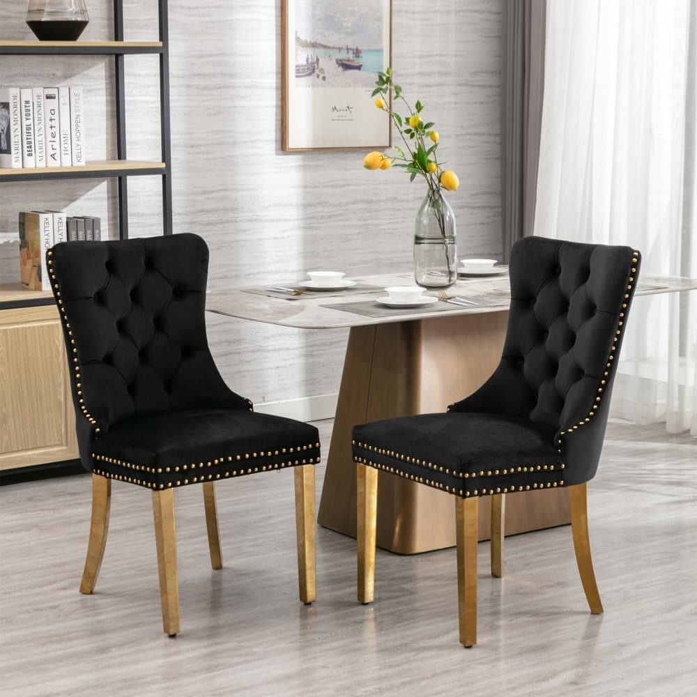Nikki Collection Dining Chairs, Set of 2, Black Velvet Upholstery with Tufted Back and Gold Chrome Legs