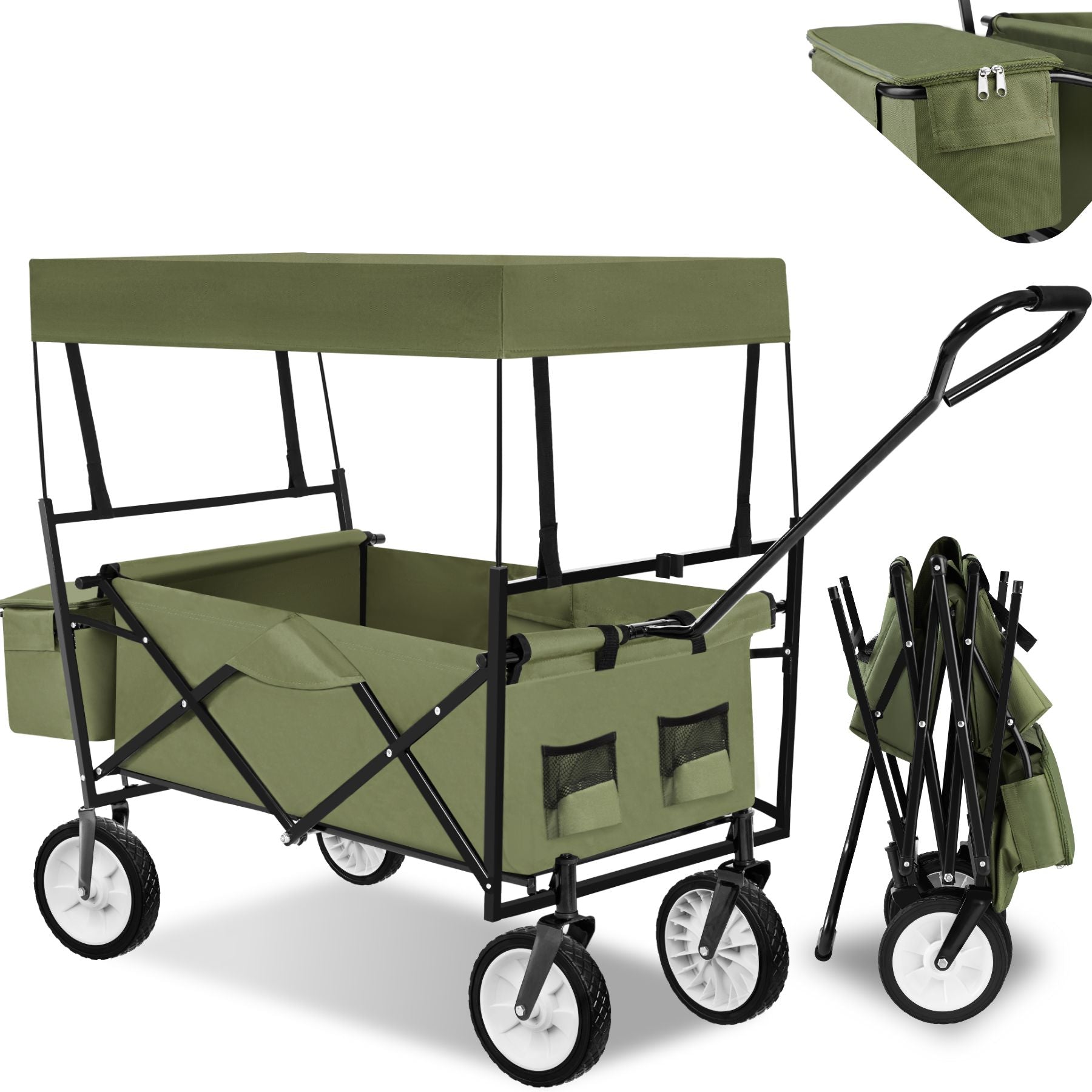 Garden Trolley - foldable, with roof, 3 pockets, transport bag, 80 kg capacity