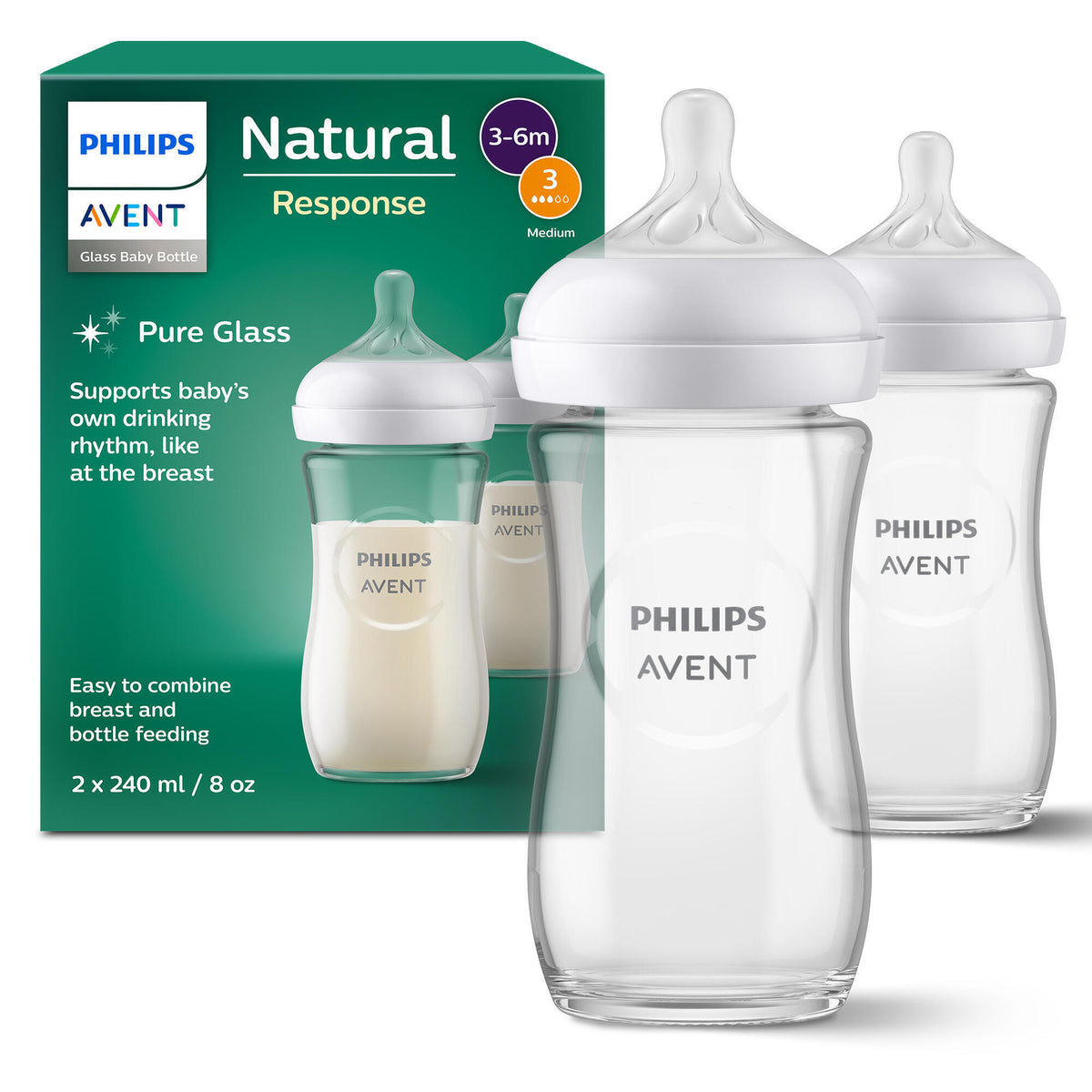 Philips Avent Natural Response Glass Baby Bottle, 3-6 Months, 240 ml, 2-Pack