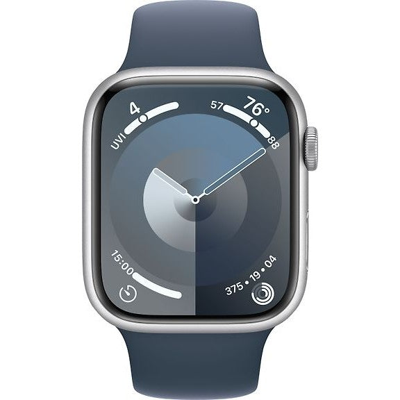 Apple Watch Series 9, 45mm M/L, Silver Aluminum Case with Storm Blue Sport Band
