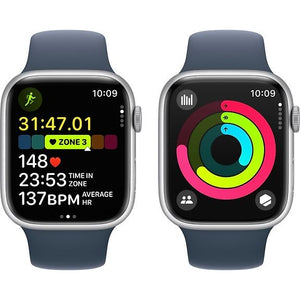 Apple Watch Series 9, 45mm M/L, Silver Aluminum Case with Storm Blue Sport Band