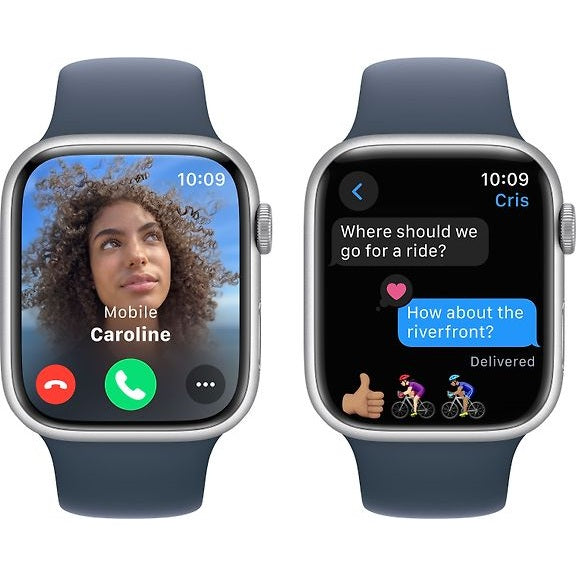 Apple Watch Series 9, 45mm M/L, Silver Aluminum Case with Storm Blue Sport Band