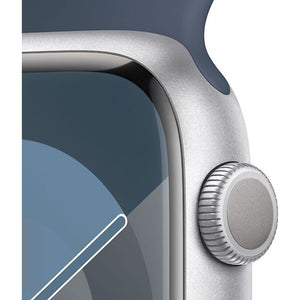 Apple Watch Series 9, 45mm M/L, Silver Aluminum Case with Storm Blue Sport Band