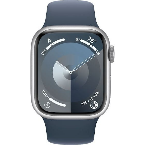 Apple Watch Series 9 GPS+Cell 41mm Silver Aluminum Case, Blue Sport Band, S/M