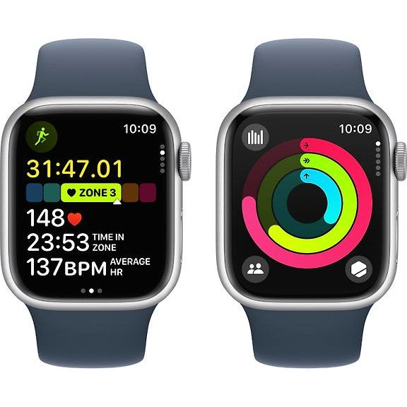 Apple Watch Series 9 GPS+Cell 41mm Silver Aluminum Case, Blue Sport Band, S/M