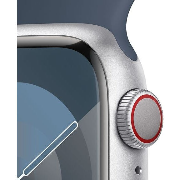 Apple Watch Series 9 GPS+Cell 41mm Silver Aluminum Case, Blue Sport Band, S/M