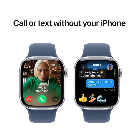 Apple Watch Series 10 GPS+Cell 42mm Silver Alum Case with Blue Sport Band, S/M MWX33