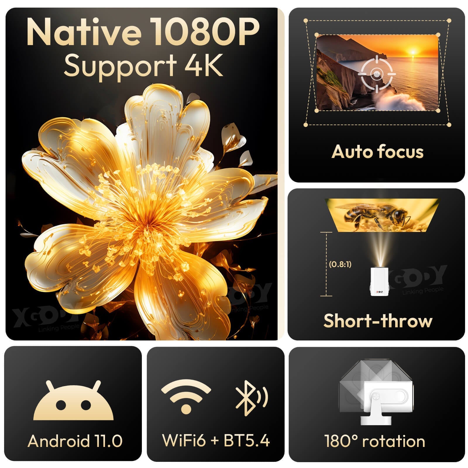 Gimbal 5 PRO Portable Projector Android 14.0, Native 1080P