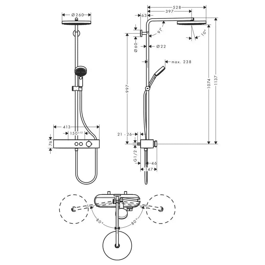 Hansgrohe Pulsify S Showerpipe 260 1jet With Thermostat, Matt Black