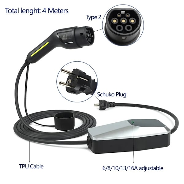 Type-2 Adjustable Electric Vehicle Charger 3.5 kW with Schuko Plug, 4m 6-16A