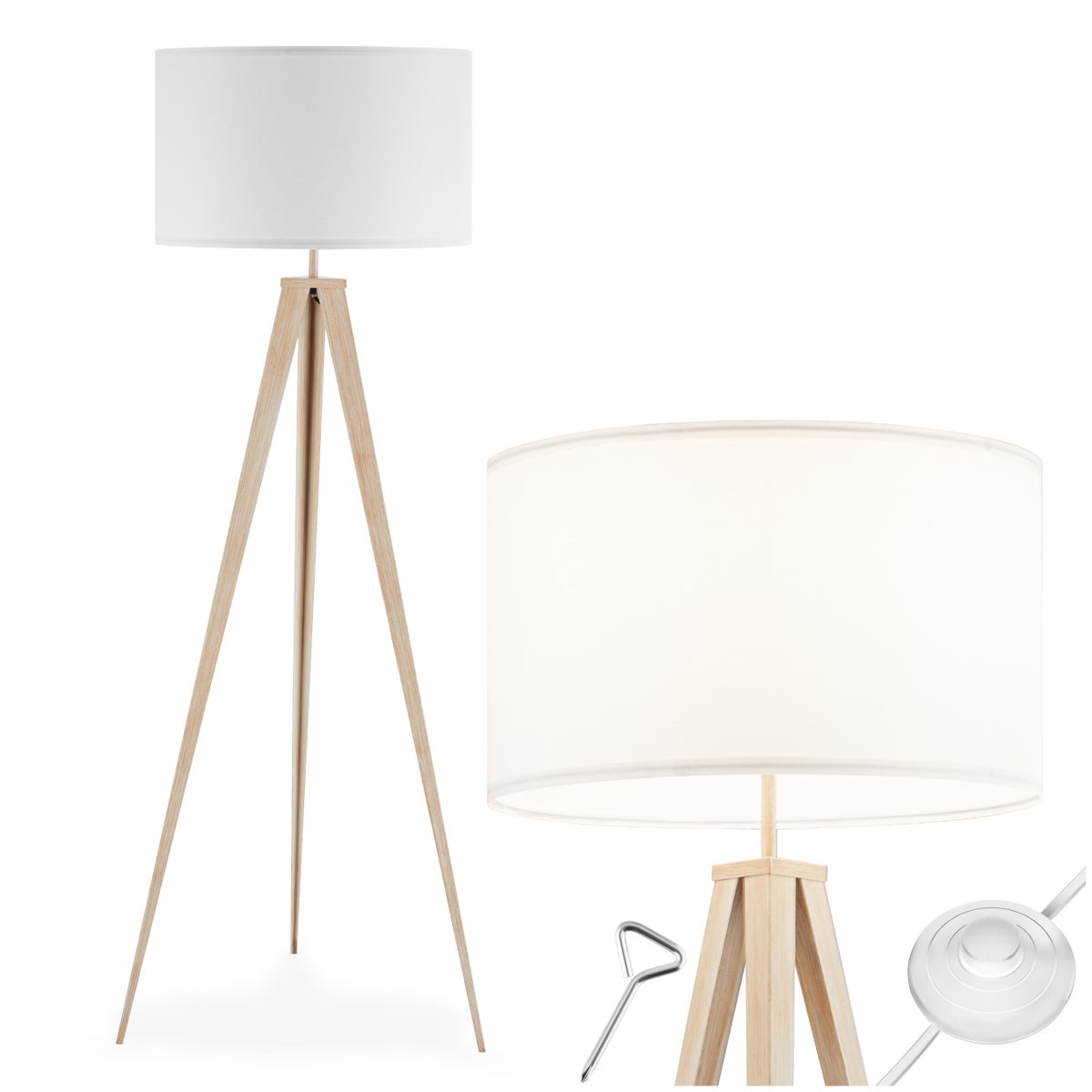 Tectake Lunaris Tripod Floor Lamp, Oak, White