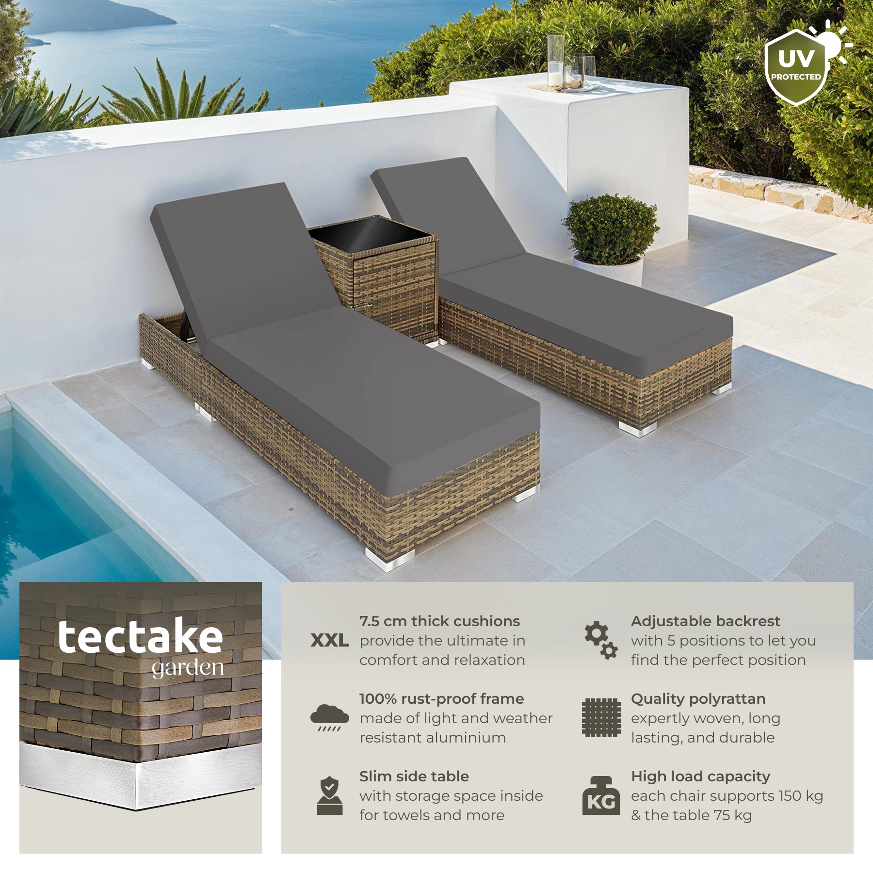 Sun Lounger Set - 2 loungers, 1 side table, aluminium frame, adjustable backrest, rain cover