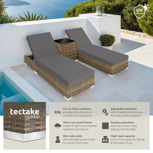 Sun Lounger Set - 2 loungers, 1 side table, aluminium frame, adjustable backrest, rain cover