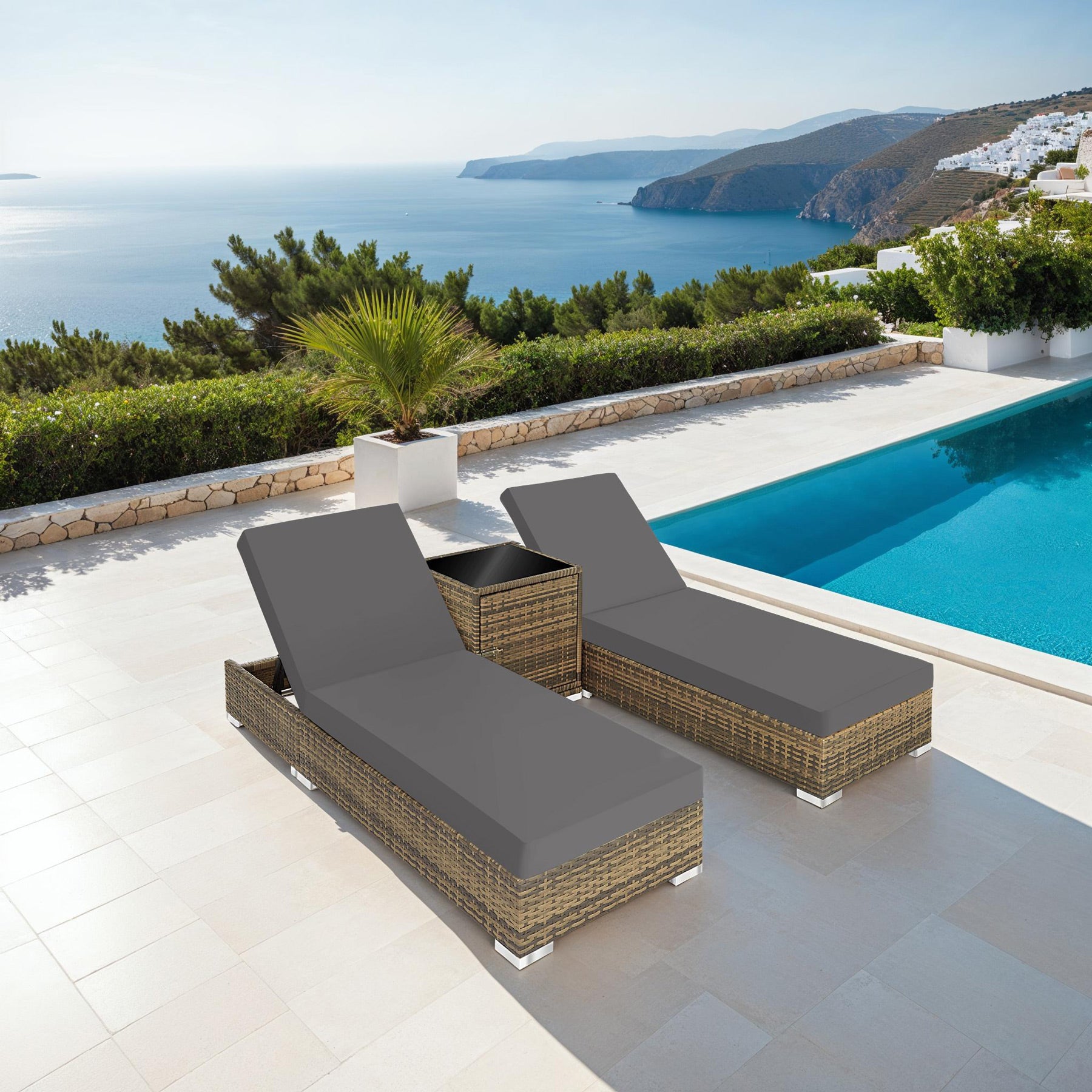 Sun Lounger Set - 2 loungers, 1 side table, aluminium frame, adjustable backrest, rain cover