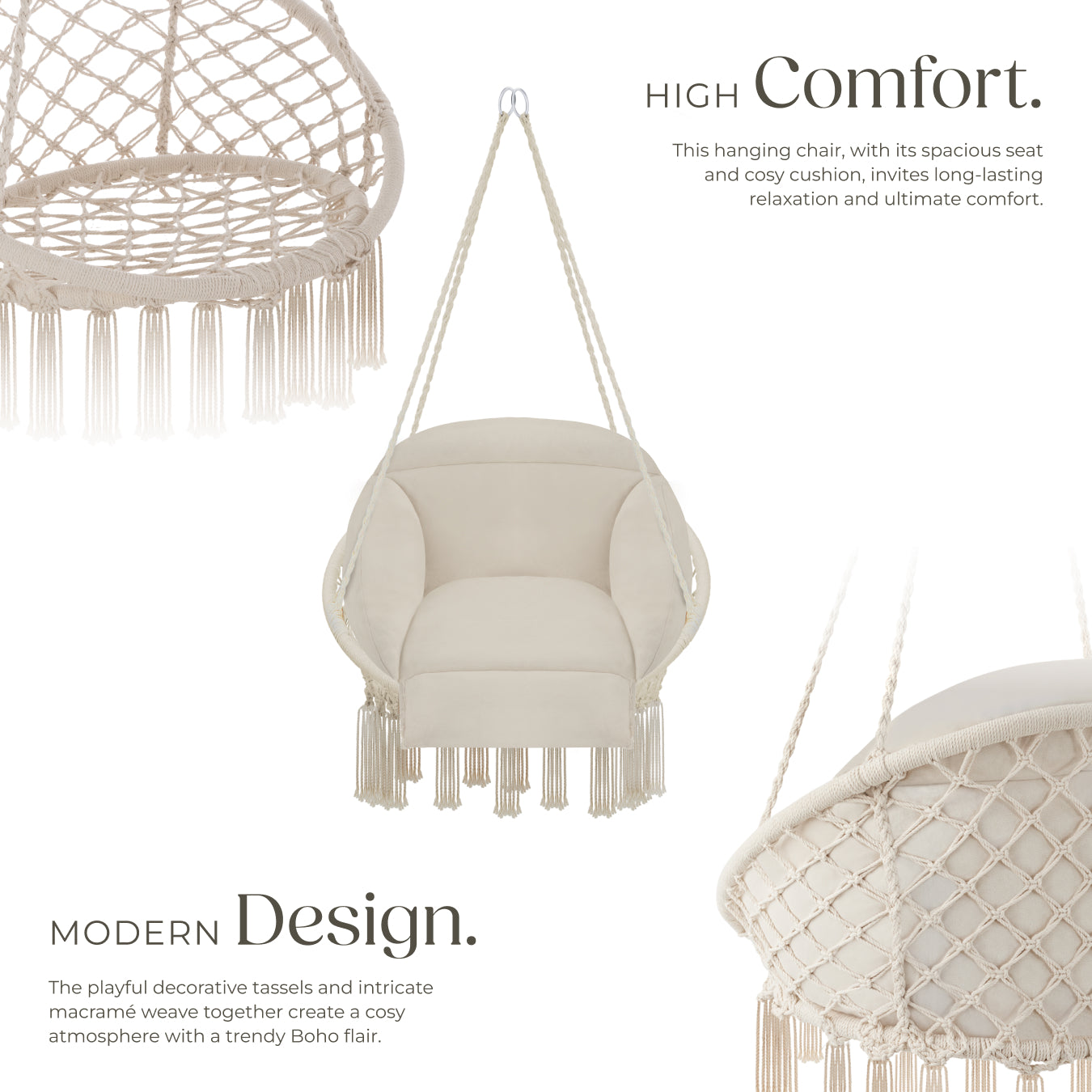 Swing Chair Samira - thick seat cushion, stable ropes for hanging indoor or outdoor