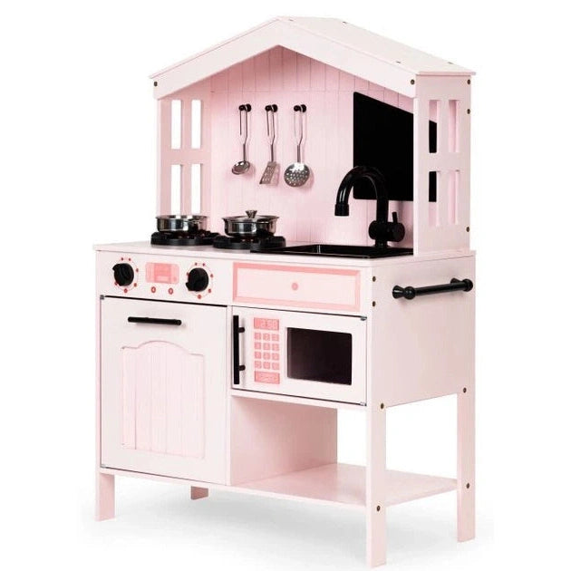 Wooden Children's Kitchen with Oven, Microwave, Burners, and Accessories