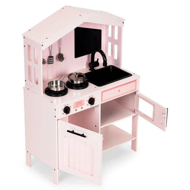 Wooden Children's Kitchen with Oven, Microwave, Burners, and Accessories