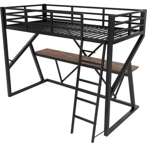 Bunk Bed 90x200 cm with Desk – Children's Bed with LED Lighting and Safety Rail, Ladder – Iron Frame – Black Mattress Not Included