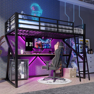 Bunk Bed 90x200 cm with Desk – Children's Bed with LED Lighting and Safety Rail, Ladder – Iron Frame – Black Mattress Not Included