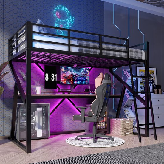 Bunk Bed 90x200 cm with Desk – Children's Bed with LED Lighting and Safety Rail, Ladder – Iron Frame – Black Mattress Not Included