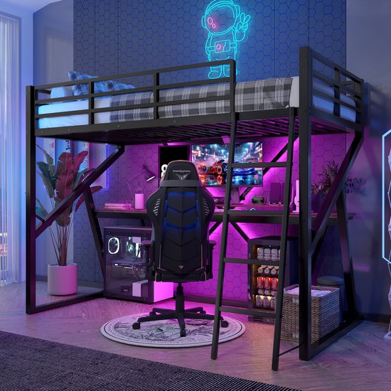 Bunk Bed 90x200 cm with Desk – Children's Bed with LED Lighting and Safety Rail, Ladder – Iron Frame – Black Mattress Not Included