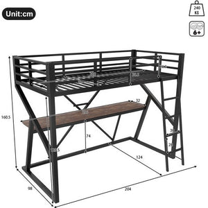 Bunk Bed 90x200 cm with Desk – Children's Bed with LED Lighting and Safety Rail, Ladder – Iron Frame – Black Mattress Not Included