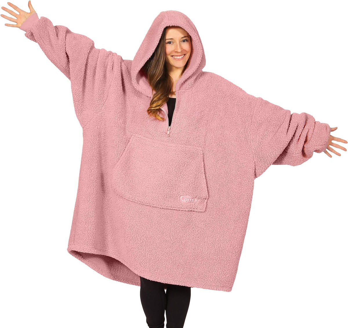 The Comfy Teddy Bear Quarter Zip Wearable Blanket Hoodie, Blush