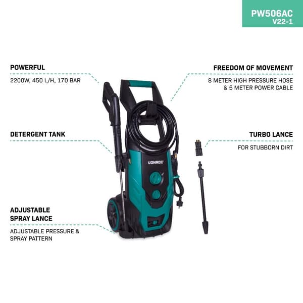 Vonroc Pressure Washer 2200W, 170 Bar