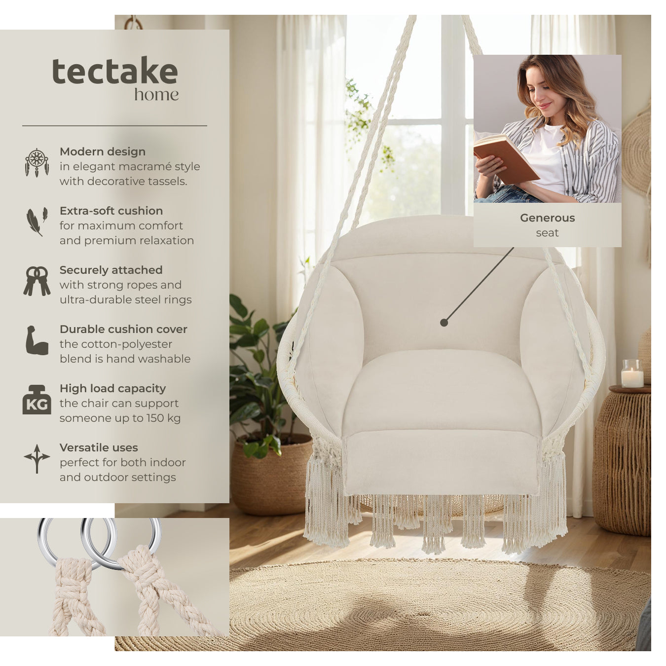 Swing Chair Samira - thick seat cushion, stable ropes for hanging indoor or outdoor