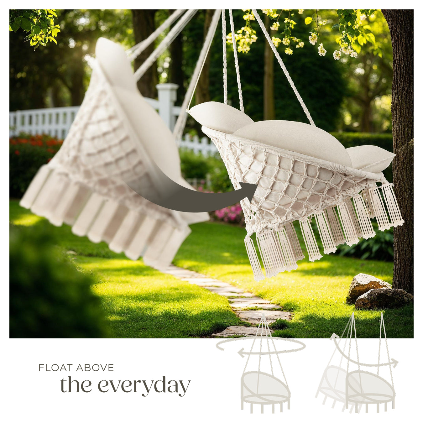 Swing Chair Samira - thick seat cushion, stable ropes for hanging indoor or outdoor