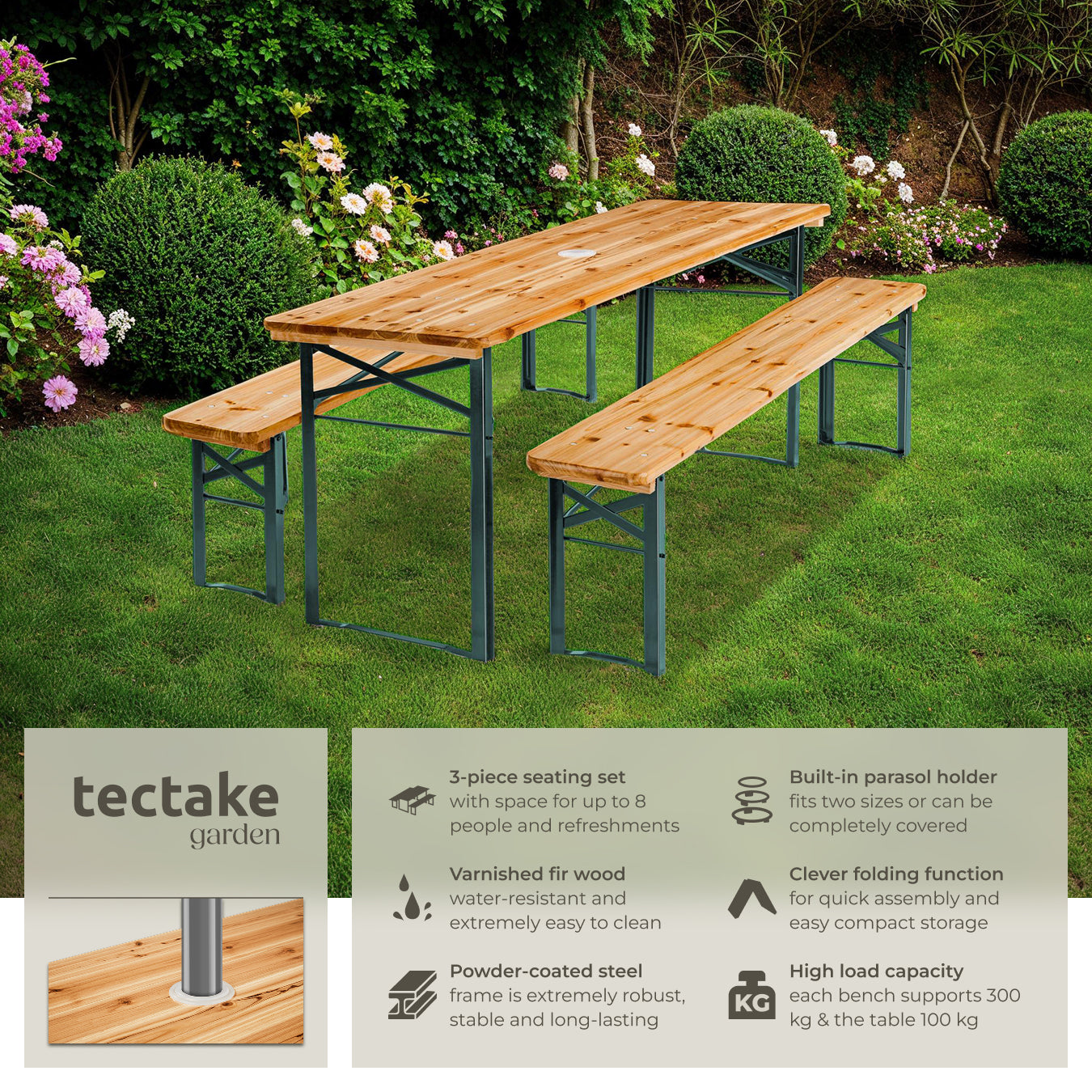 Picnic Table and Bench Set Ludwig - 2 benches, table with parasol holder, foldable 