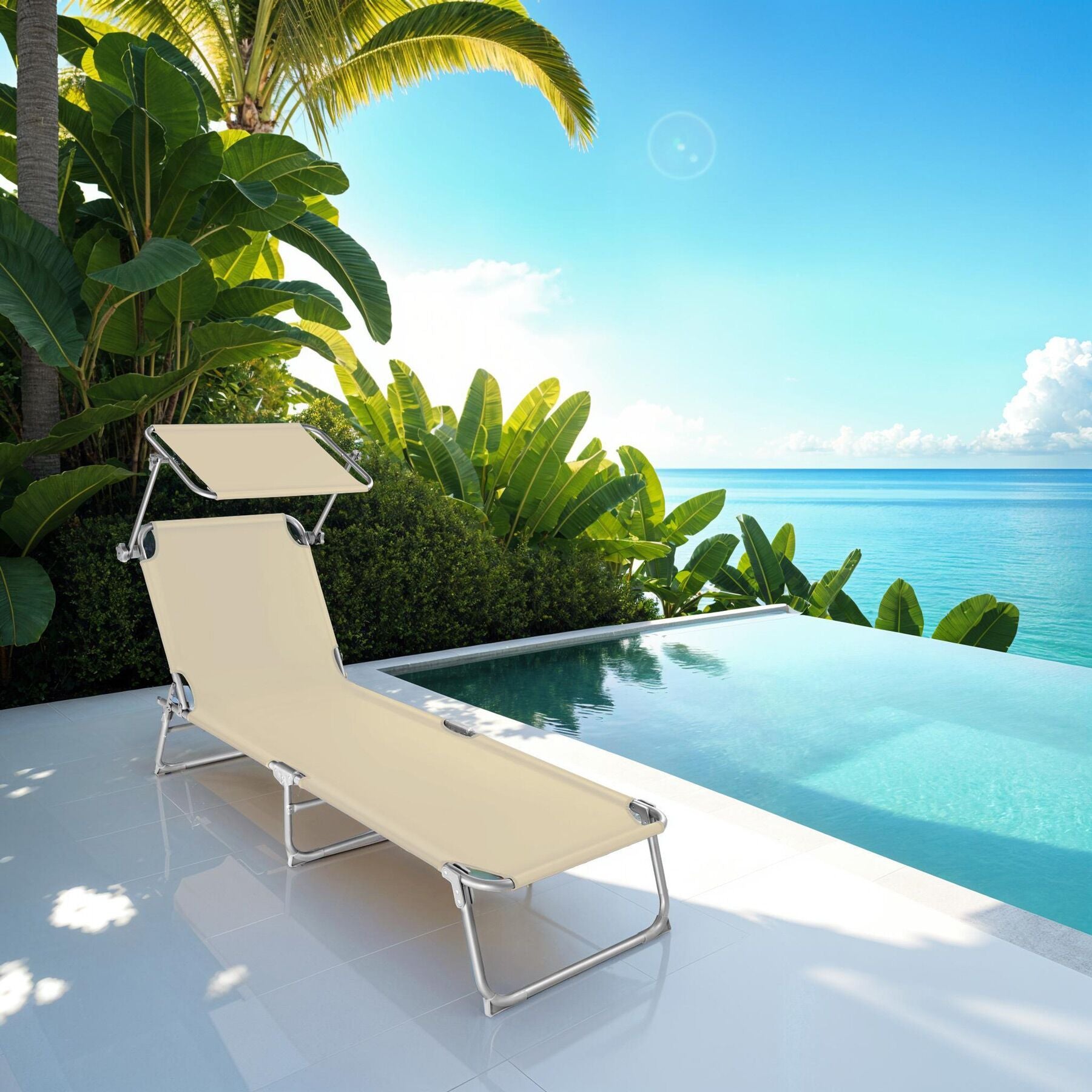 Sun Lounger Set of 2 - foldable, adjustable sunshade and 4-step backrest