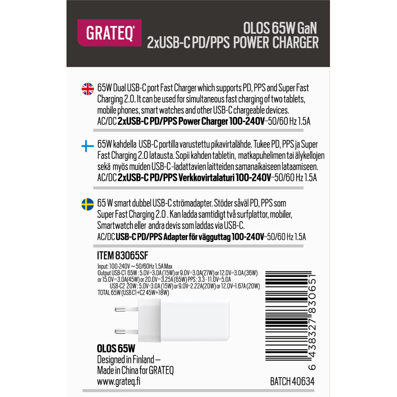 GRATEQ OLOS WALL CHARGER GAN 65W WHITE