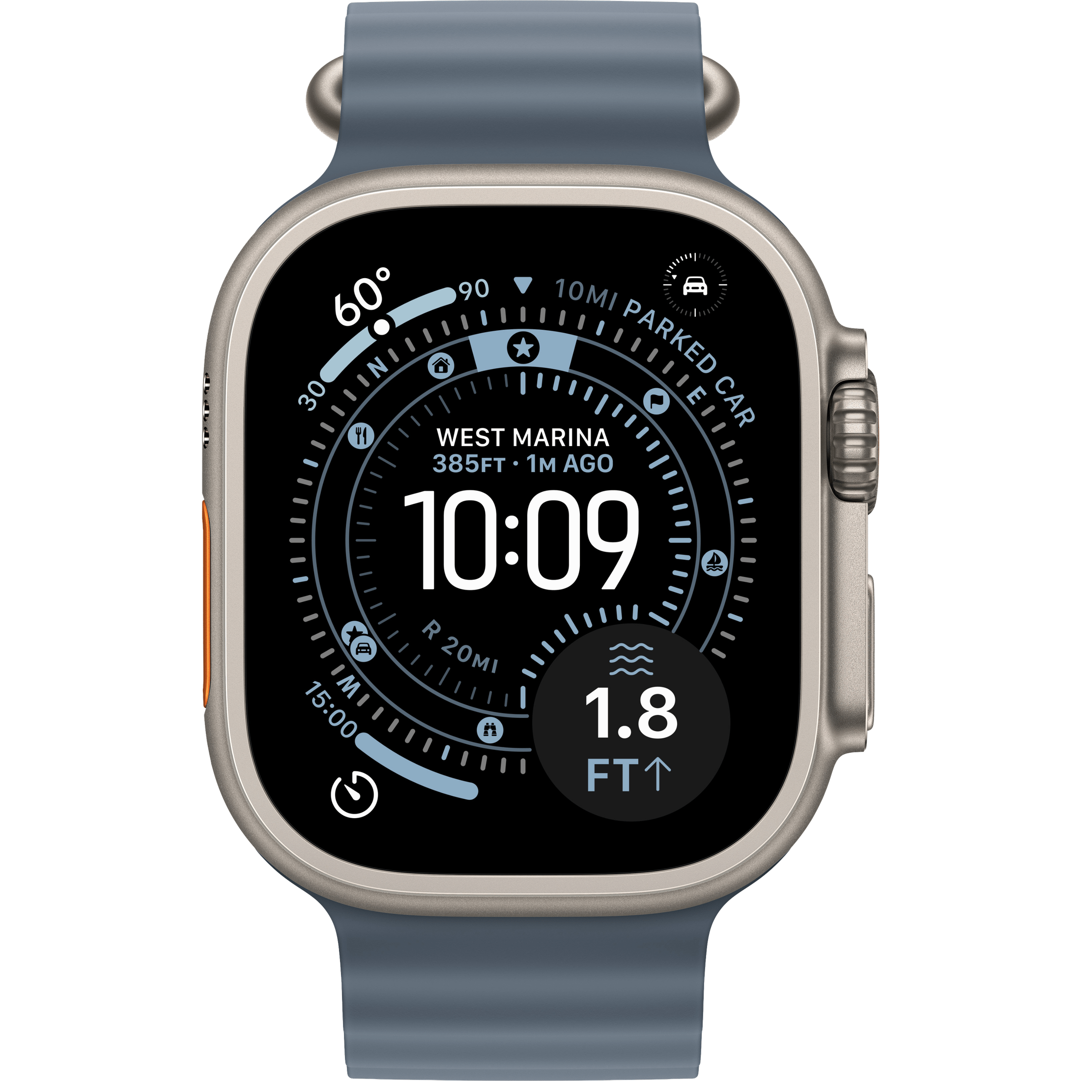 Apple Watch Ultra 3 49mm, Natural Titanium/Anchor, Blue Ocean Band