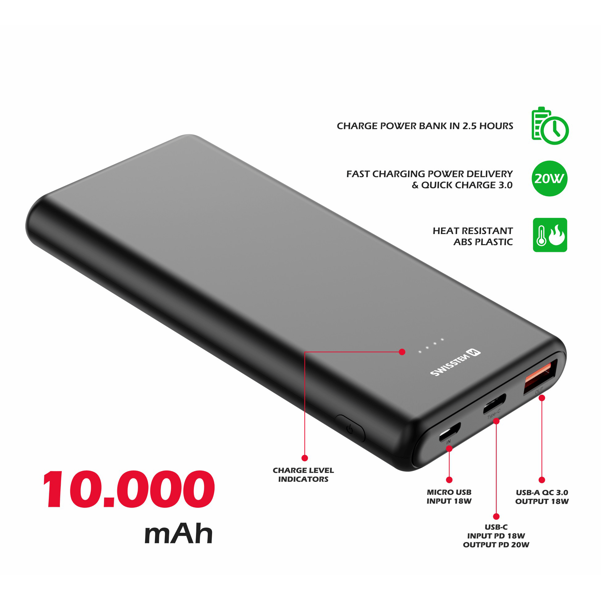 Swissten 10 000mAh Power Bank with Quick Charge 3.0 QC3.0