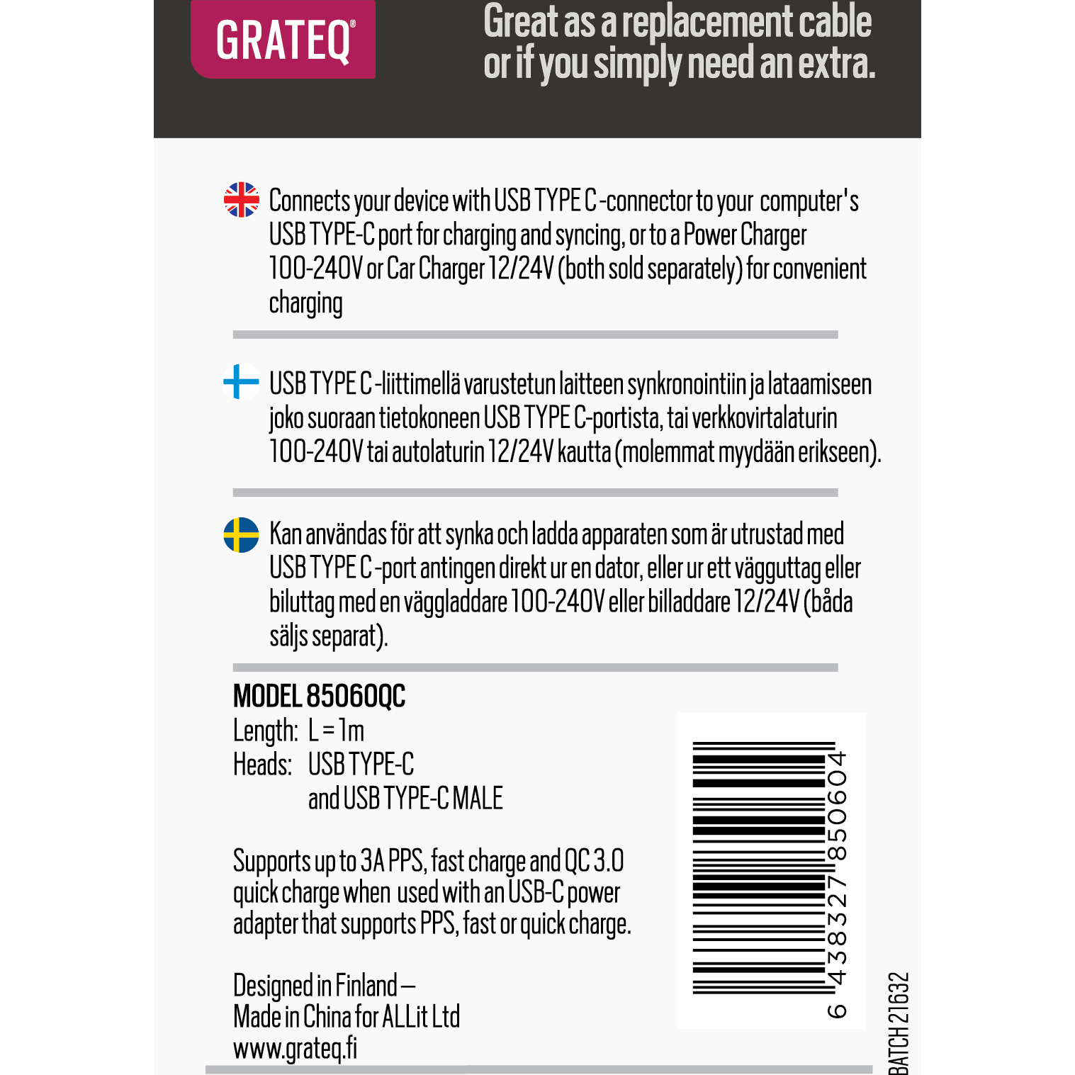 GRATEQ USB C - USB C LATAUSKAAPELI QUICK 1M MUSTA