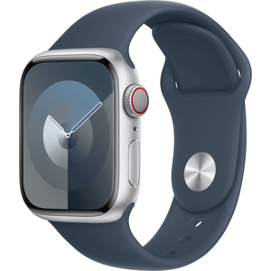 Apple Watch Series 9 GPS+Cell 41mm Silver Aluminum Case, Blue Sport Band, S/M
