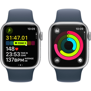 Apple Watch Series 9 GPS+Cell 41mm Silver Aluminum Case, Blue Sport Band, S/M